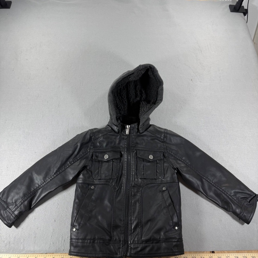 Urban Republic Boys Black Faux Leather‎ Hooded Jacket Sherpa Lined 4T UR-1001